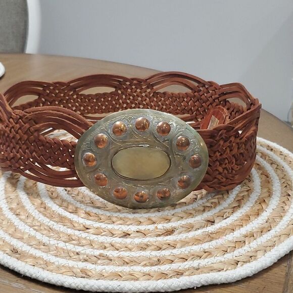 Handmade Vintage Brown Woven Leather Silver/Brass Studded Stone Belt Buckle, Lar - Picture 1 of 7